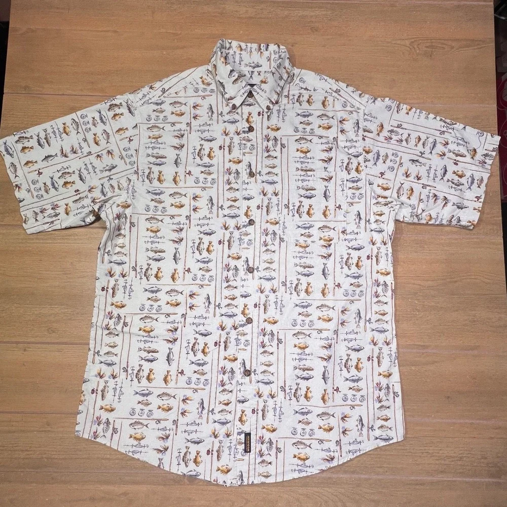 Woolrich Mens Freshwater Fish Print Short Sleeve Button Up Shirt Size L - Picture 1 of 9